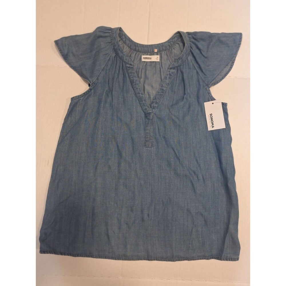 Sonoma Women's Short Sleeve Light Wash Blue Denim V Neck NWT XS